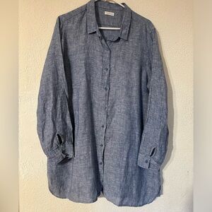 Garnet Hill Dress Blue Linen Long Sleeve Button Up Tunic Button Cuffs Size L